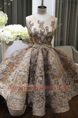 Luxurious Champagne A-line Scoop Sleeveless Satin Mini Length Zipper Lace and Appliques Dress for Prom