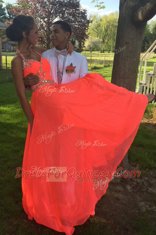 Romantic Halter Top With Train A-line Sleeveless Orange Red Prom Evening Gown Sweep Train Backless