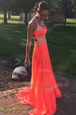 Romantic Halter Top With Train A-line Sleeveless Orange Red Prom Evening Gown Sweep Train Backless