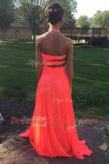 Romantic Halter Top With Train A-line Sleeveless Orange Red Prom Evening Gown Sweep Train Backless