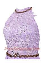 Noble Halter Top Lace Sleeveless Floor Length Beading Zipper Homecoming Dress with Navy Blue