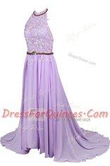 Noble Halter Top Lace Sleeveless Floor Length Beading Zipper Homecoming Dress with Navy Blue