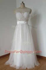 Scoop Floor Length White Tulle Sleeveless Lace