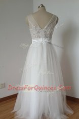 Scoop Floor Length White Tulle Sleeveless Lace