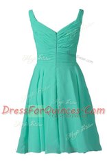 Amazing Off the Shoulder Turquoise Chiffon Zipper Sleeveless Knee Length Pleated
