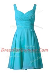 Amazing Off the Shoulder Turquoise Chiffon Zipper Sleeveless Knee Length Pleated