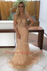 High Quality Scoop Lace With Train Mermaid Sleeveless Champagne Prom Evening Gown Sweep Train Backless