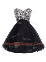 Black A-line Sequins Prom Dress Lace Up Tulle Sleeveless Mini Length