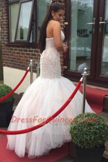 Charming Mermaid Halter Top White Sleeveless Beading and Ruching Floor Length Prom Dresses