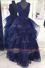 Best Selling Navy Blue Organza Backless V-neck Sleeveless Floor Length Dress for Prom Beading and Appliques and Ruffles