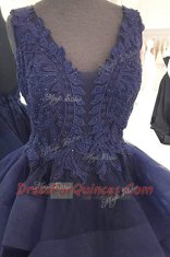 Best Selling Navy Blue Organza Backless V-neck Sleeveless Floor Length Dress for Prom Beading and Appliques and Ruffles