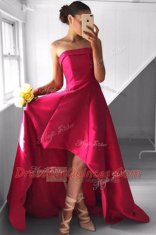 Artistic Fuchsia Satin Zipper Strapless Sleeveless Asymmetrical Prom Party Dress Pleated