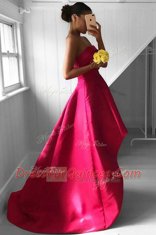 Artistic Fuchsia Satin Zipper Strapless Sleeveless Asymmetrical Prom Party Dress Pleated