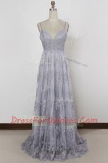 Sleeveless Sweep Train Backless With Train Appliques Prom Party Dress