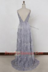 Sleeveless Sweep Train Backless With Train Appliques Prom Party Dress