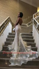 Fine Mermaid Halter Top Backless Prom Gown Silver for Prom with Lace Court Train