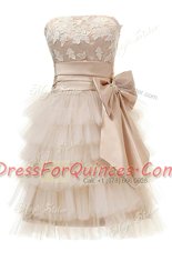 Beauteous Knee Length Champagne Satin and Tulle Sleeveless Appliques
