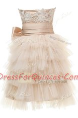 Beauteous Knee Length Champagne Satin and Tulle Sleeveless Appliques