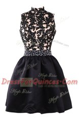 Super Black A-line Satin High-neck Sleeveless Beading and Appliques Knee Length Backless
