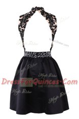 Super Black A-line Satin High-neck Sleeveless Beading and Appliques Knee Length Backless
