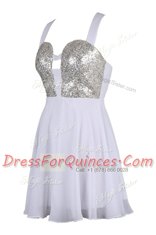 High Quality White A-line Sequins Prom Evening Gown Criss Cross Chiffon Sleeveless Knee Length