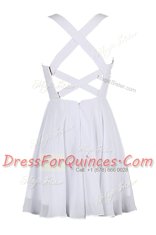 High Quality White A-line Sequins Prom Evening Gown Criss Cross Chiffon Sleeveless Knee Length