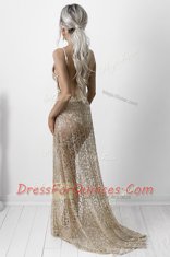 Pretty Sleeveless With Train Lace Backless Prom Evening Gown with Champagne Brush Train