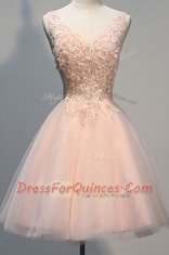 V-neck Sleeveless Tulle Prom Dresses Appliques Zipper