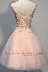 V-neck Sleeveless Tulle Prom Dresses Appliques Zipper