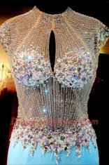 High-neck Cap Sleeves Chiffon Dress for Prom Beading Sweep Train Backless