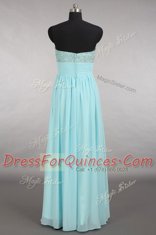 Elegant Floor Length Zipper Homecoming Dress Aqua Blue for Prom and Party and Wedding Party with Beading