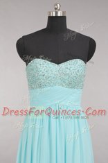 Elegant Floor Length Zipper Homecoming Dress Aqua Blue for Prom and Party and Wedding Party with Beading