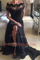 Black A-line Off The Shoulder Short Sleeves Chiffon Sweep Train Backless Beading and Lace Homecoming Dress