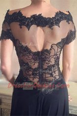 Black A-line Off The Shoulder Short Sleeves Chiffon Sweep Train Backless Beading and Lace Homecoming Dress