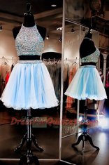 High Quality Light Blue Backless Halter Top Beading Prom Dresses Chiffon Sleeveless