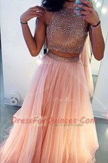 Customized Peach A-line Beading Prom Dresses Side Zipper Tulle Sleeveless With Train