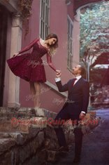 Scoop Burgundy Long Sleeves Beading Knee Length Evening Dress