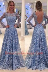 Amazing Sweep Train A-line Dress for Prom Blue Scoop Lace Long Sleeves Backless