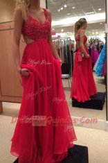 Ideal Red A-line Beading Prom Gown Backless Chiffon Sleeveless Floor Length