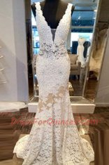Mermaid Lace V-neck Sleeveless Sweep Train Zipper Beading Prom Evening Gown in White
