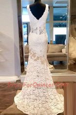 Mermaid Lace V-neck Sleeveless Sweep Train Zipper Beading Prom Evening Gown in White