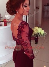 Long Sleeves Elastic Woven Satin With Train Court Train Zipper Prom Gown in Burgundy with Lace and Appliques