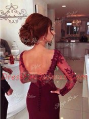 Long Sleeves Elastic Woven Satin With Train Court Train Zipper Prom Gown in Burgundy with Lace and Appliques