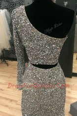 Glittering One Shoulder Silver Sequined Zipper Prom Evening Gown Long Sleeves With Train Sweep Train Beading