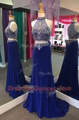 Classical Royal Blue Sleeveless With Train Beading Zipper Prom Dresses