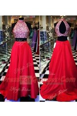 Sexy Red A-line Chiffon Scoop Sleeveless Beading Floor Length Backless Evening Dress