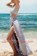 Scoop Tea Length Silver Prom Evening Gown Taffeta Cap Sleeves Lace