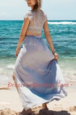 Scoop Tea Length Silver Prom Evening Gown Taffeta Cap Sleeves Lace