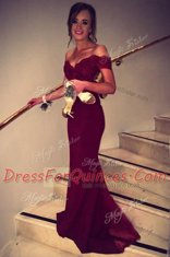 Great Burgundy Empire Satin Off The Shoulder Short Sleeves Lace Backless Prom Evening Gown Brush Train