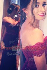 Great Burgundy Empire Satin Off The Shoulder Short Sleeves Lace Backless Prom Evening Gown Brush Train